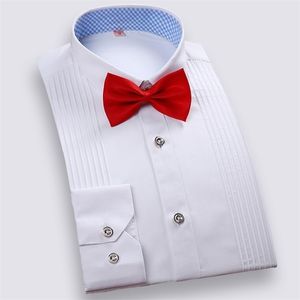 men Tuxedo shirts slim fit long sleeve solid multiple colors wedding brideroom formal tops bow tie included 201124