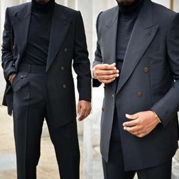 Men Tuxedos Pakken twee dubbele stukken bruiloftspiegel piek met revers Moderne formele formele aangepaste zakken bruidegom lange jas en broek