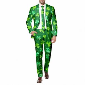 Hommes Deux Pièces St. Patrick's Day Costume Imprimé Lg Manches Fesses Manteau Et Pantalon Multi Poches Costume Fête De Vacances Événements Vêtements F5uA #