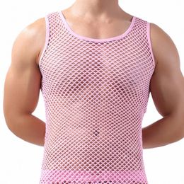Hombres camiseta de malla transparente ropa de dormir red de pescado chaleco de color puro para Slee Nightclub Sheer Tops camisa Fishnet Muscle Top K2Mc #