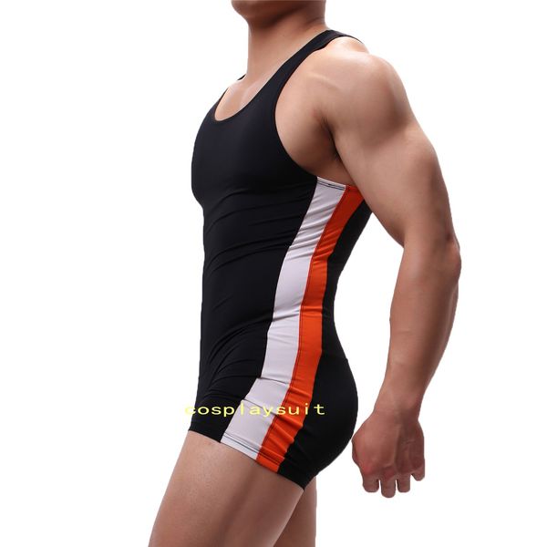 Hommes Undershirts Catsuit Costumes Sports Justaucorps Blanc orange rayure Workout Body Shorts Wrestling Singlet Fitness Jumpsuit Sexy Underwear Maillots de bain