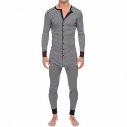 Mannen ondergoed pyjama skinny gestreepte jumpsuit Lg mouw O nek konten romper nachtkleding algehele groothandel rompertjes-pyjama set L3ea #