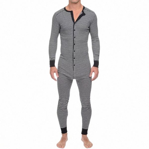 Hommes Sous-vêtements Pyjama Skinny Rayé Combinaison Lg Manches O Cou Butts Romper Vêtements De Nuit Globalement En Gros Onesies- Pyjama Ensemble Z8bI #