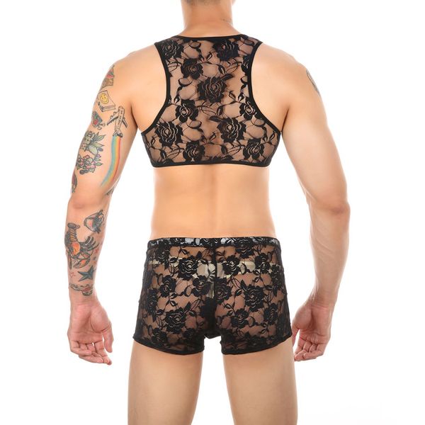 Set de ropa interior para hombres Brazales gay Brastras Top Shasts Sissy Lingerie Sexy encaje envoltura pecho y boxers 2 pcs a través de un set puro