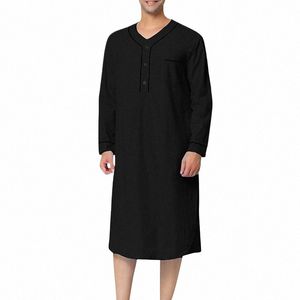 Hommes Robe en lin à col en V retrousser à manches courtes solide LG robe de nuit chemise ample décontractée Kaftan Thobe avec poche v8iX #