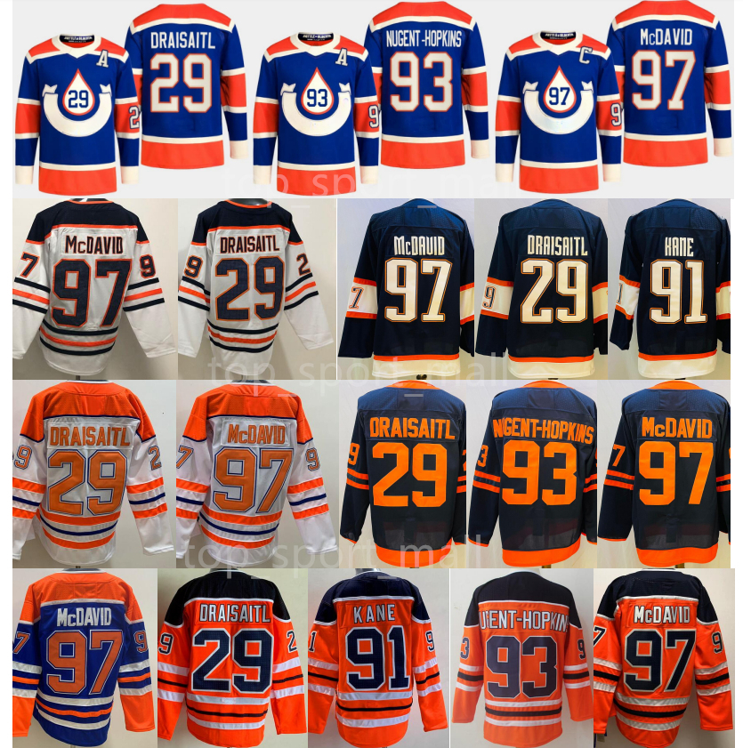 2023 Heritage Classic 97 Connor McDavid Maillots 91 Evander Kane 29 Leon Draisaitl 93 Ryan Nugent-Hopkins Man Hockey sur glace inversé rétro cousu équipe bleu blanc orange