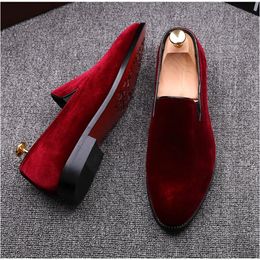 Men Veet Flat Red Black Slip on Dress Shoes Casual Pointed Toe Solid Color Wedding Loafer Larg Size