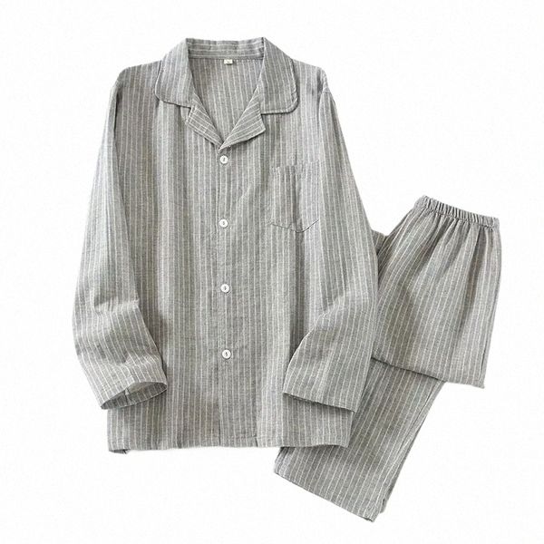 Hommes Vêtements de nuit rayés verticaux Lg manches gaze hommes pyjamas plus la taille simple Cott vêtements de nuit 2 pièces salon ensemble vêtements de maison H1RD #