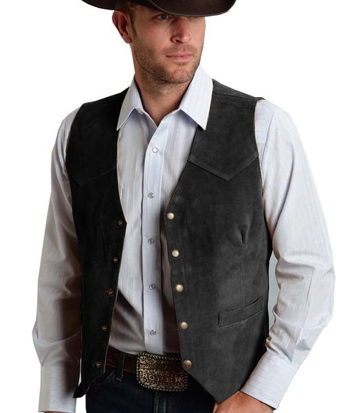 Gilet en cuir suédé noir pour hommes, gilet d'affaires Vintage Western Cowboy, costume de Banquet Slim régulier 240228