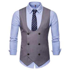 Hommes Gilet À Double Boutonnage Gilet 2018 Angleterre Style Sans Manches U-Cou Costume Gilet De Mariage Slim Coton Gilet Plus Hommes Vêtements