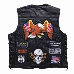 Mannen vest schapen echt lederen borduurwerk patch motorfiets man kleding mode punk mouwloze jas kleding plus size vest 210923