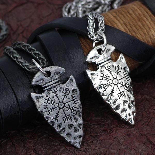 Hommes Viking lance boussole colliers Norse Runes amulette barre de crainte pendentif acier inoxydable/cuir véritable chaîne bijoux