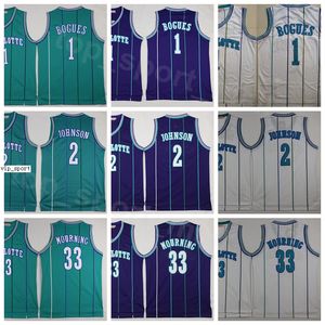 Hombres Vintage Basketball Alonzo Mourning Jerseys 33 Tyrone Muggsy Bogues 1 Larry Johnson 2 Verde Blanco Púrpura Equipo cosido Buena calidad