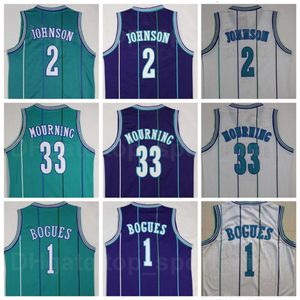 Hommes Vintage Basketball Alonzo Mourning Jerseys 33 Tyrone Muggsy Bogues 1 Larry Johnson 2 Rétro Vert Blanc Violet Couleur de l'équipe Fans de sport Bonne qualité en vente Uniforme