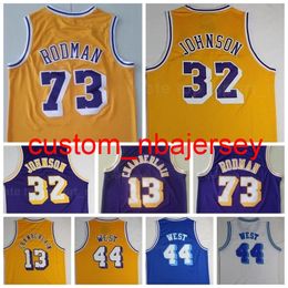 Hommes Vintage Basketball Dennis Rodman Jersey 73 Wilt Chamberlain 13 Jerry West 44 Johnson 32 Violet Jaune Blanc Tout Cousu S-XXL