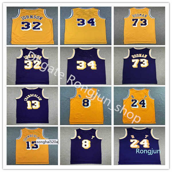 Hommes Vintage Basketball Dennis Rodman Jersey 73 Wilt Chamberlain 13 Jerry West 44 Johnson 32 Purple Yellow Blanc All St Jerseys