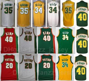 Hommes Vintage Basketball Shawn Kemp Jersey 40 Gary Payton 20 Kevin Durant 35 Ray Allen 34 rétro jaune vert blanc rouge pour les fans de sport respirant pur coton haut/bon