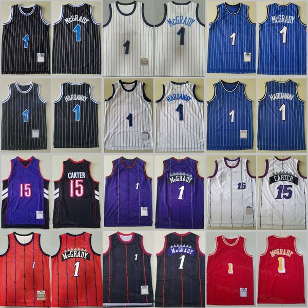 Hombres Vintage Baloncesto retroceso Penny Hardaway Jersey Vince Carter 15 Tracy McGrady 1 Stripe Black Blue color Blanco Púrpura Rojo para Fans Retro Camisa retro