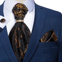 Men Vintage Black Gold Paisley Floral Wedding Party Cravat Ascot Scrunch Self British Style Silk Neck Tie Ring Hanky Set Dibangu240409