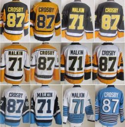 Heren Vintage Klassiek Hockey 87 Sidney Crosby Retro Jersey 71 Evgeni Malkin CCM Zwart Wit Blauw Geel Teamkleur Borduren en naaien voor 74
