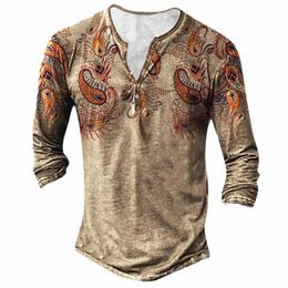 Hommes Vintage ethnique T-shirts Western ethnique imprimé floral Tee Tops classique à la mode col en V Butt Lg manches Tees Casual Streetwear q3ku #