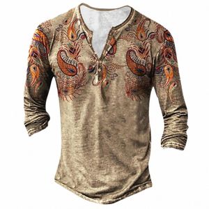 Hommes Vintage ethnique T-shirts Western ethnique imprimé floral Tee Tops classique à la mode col en V Butt Lg manches Tees Casual Streetwear q3ku #