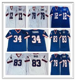 Hommes Vintage Football Thurman 34 Thomas Jim 12 Kelly 78 Bruce Smith 83 Andre Reed Sticthed Retro Maillots Pas Cher Bleu Blanc Taille S3X1782252
