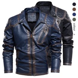 Hommes Vintage Veste en cuir Manteau d'hiver Mens Fashion Stand Col Veste de moto épais hiver chaud manteau décontracté grande taille 201120