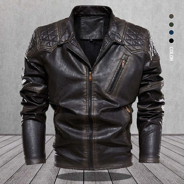 Chaqueta de cuero Vintage para hombre, chaqueta de invierno con cuello levantado, chaqueta informal para motocicleta, abrigo grueso cálido clásico, ropa de alta calidad 210603