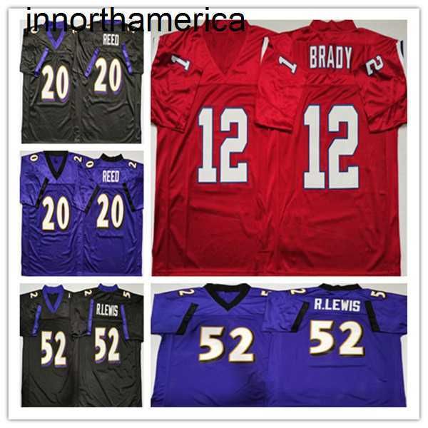 Hommes Vintage NCAA Football 12 Tom Brady 20 Ed Reed 52 Ray Lewis Cousu Noir Violet Rouge Jersey En Gros
