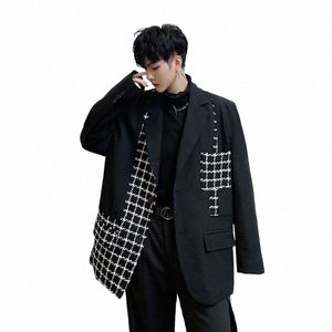 Hommes Vintage Plaid Splice lâche costume décontracté veste mâle Japon Harajuku Streetwear costume blazer manteau vêtements d'extérieur spectacle vêtements y3Qo #