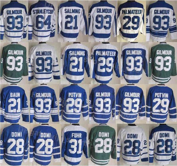 Hombres Vintage Retro Hockey sobre hielo 93 Doug Gilmour Jerseys 29 Mike Palmateer 21 Borje Salming 64 Stanleycup 29 Felix Potvin Transpirable Todo Stitche