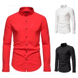 Mannen Vintage Ruches Stand Kraag Shirt Casual Lange Mouw Bruiloft Gala Banket Overhemden 240223