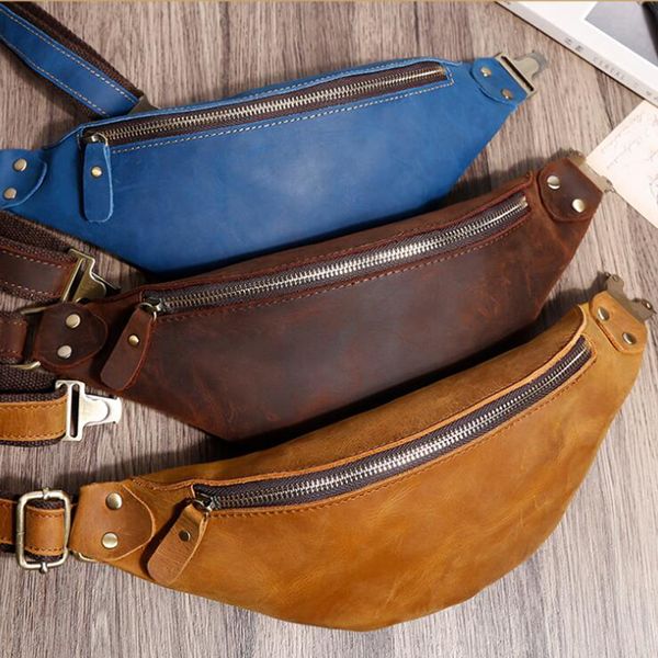 Hommes taille sac en cuir de vache véritable Vintage petit sac banane mâle voyage poitrine sac téléphone portable ceinture sacs homme