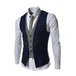 Hommes Gilet col en V simple boutonnage coupe ajustée hommes costume Gilet Homme décontracté sans manches formel affaires veste chaleco hombre 240125