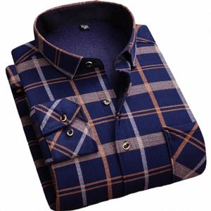 Mannen Warme Lg Mouwen Revers Plaid Flanel Shirt Jas Cott Gewatteerde Fleece Gevoerd Butt Down Middelbare Leeftijd Ouderen mannen Shirt 44Z4 #