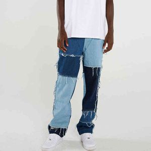 Hommes lavage épissure décontracté droit gland Patchwork jean pantalon mâle mode Streetwear ample Hip Hop Denim pleine longueur pantalon G0104