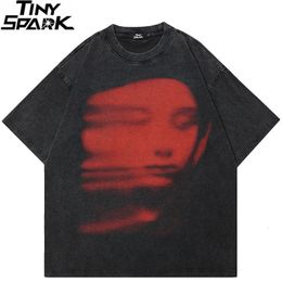 Hommes lavé noir T-Shirt Harajuku Streetwear visage rouge graphique T-Shirt coton Vintage T-Shirt hauts hipster Tee unisexe Y2K 240321