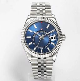 Men Watch Automatic Mechanical 904L en acier inoxydable Skydweller Classic Blue Dial Business Master Wristwatch Quality Date GMT Dual Fimehage 24h Calal