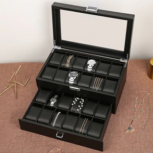 Caja de reloj para hombre, organizador, almacenamiento, caja de madera de lujo, pantalla negra de madera, gabinete de vidrio cuadrado, doble capa, 24 ranuras, cajas para hombre 240122