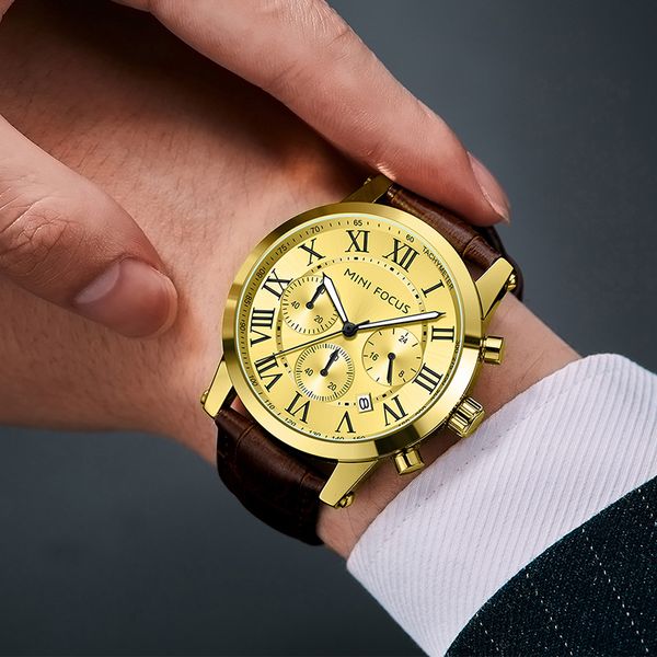 Reloj para hombre, números romanos, correa de cuero marrón, pulsera de negocios analógica de cuarzo, tono dorado Montre Homme