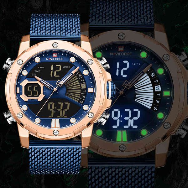 Hommes Montre Top Marque De Luxe NAVIFORCE Mode Sports Hommes Montres Bleu Grand Cadran Montre-Bracelet Militaire Quartz Numérique Mâle Horloge 210517