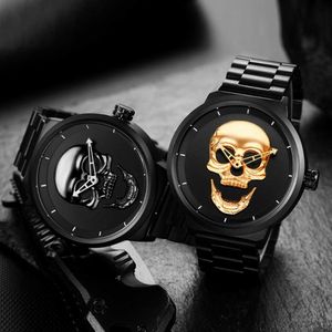 Heren horloges cool punk 3D-schedel roestvrijstalen top luxe merk sport quartz beweging waterdichte schokbestendige mannelijke polshorloges 210527