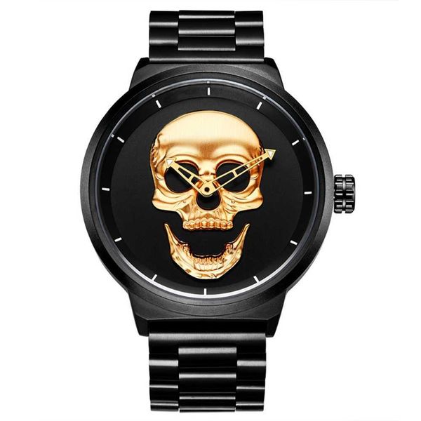 Relojes para hombre Cool Punk 3D Skull Top de acero inoxidable Marca de lujo Deportes Movimiento de cuarzo Impermeable a prueba de golpes Relojes de pulsera masculinos 210527