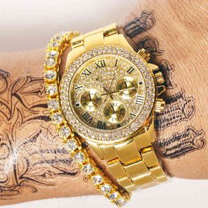 Mannen Horloges Hoge Kwaliteit Luxe Crystal Diamond Gold Watch Steel Armband Chain Sprinkly Jurk Horloge