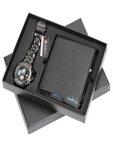 Mannen kijkt Steelleather Band Quartz pols horloge met opvouwbare clasp lederen portemonnee cadeau set voor vriendje voor papa LY1912261647391