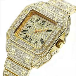 Relógios masculinos marca superior design famoso iced out relógio de ouro diamante para homem quadrado quartzo à prova dwaterproof água relógio de pulso relogio masculin296k