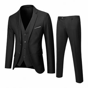 Mannen Trouwpak Jas Vest Broek Effen Kleur Mannelijke Slanke 3 delige Set Blazer Pakken voor Mannen Terno Masculinos Completo w7RS #