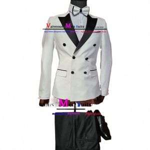 Costume de mariage pour hommes, coupe cintrée, veste blanche à double boutonnage, pantalon noir, classique, Busin, bal de promo, Costume Dr, Y85J #