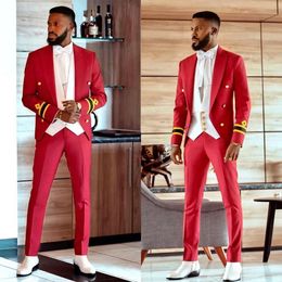 Men Wedding Tuxedos 2 Fashion Red Pieces Suits Patroon Peak met revers Revales Single Breasted Aangepast Bright Coat Broek Formeel prom feest op maat gemaakt knap